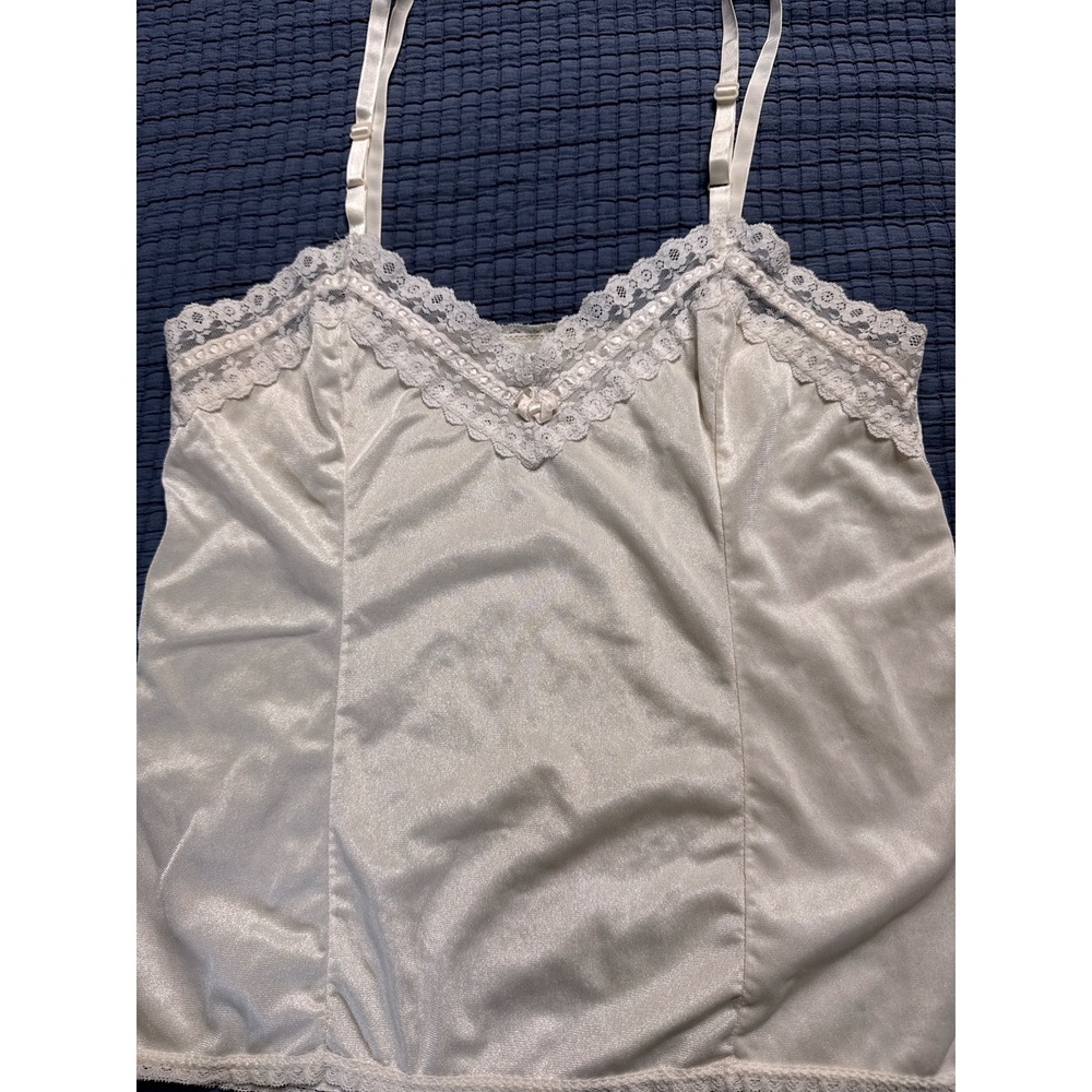 Baby Doll Ivory Satin Lace Trim Camisole Adjustable Strap V-Neck Bow Detail Top - Picture 3 of 7